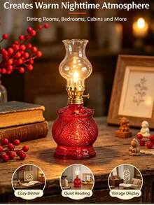 Vintage Kerosene Lamp - Butter Lamp - Paraffin Lamp - Just Add Your Own Liquid Fuel (Animal Oil Or Vegetable Oil) To Use. Lighting Tool, Night Lighting. Vintage Style Oil Lamp (Flammable) / Windproof Glass Paraffin Lamp / Nostalgic Decoration / B&B Decoration Adjustable Light Source Yoga Studio Restaurant Cafe Study Lighting Atmospheric - Red - View 4