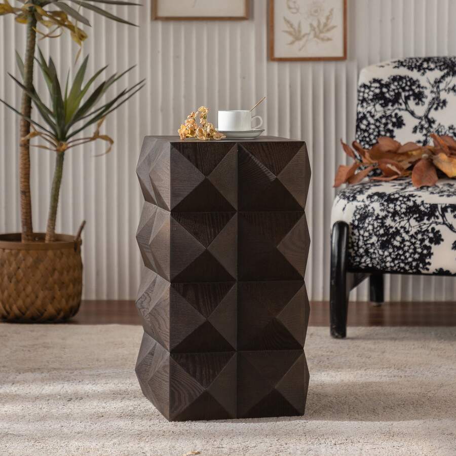 60CM Height Three-Dimensional Embossed Pattern Design Retro Side Table Retro Wooden Nightstand Brown,No Assembly Required - 棕色 - 查看 1