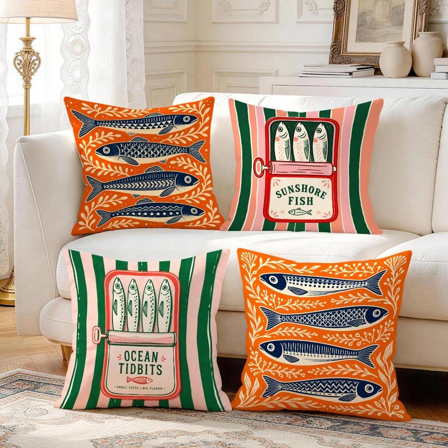 4pcs/1pc Vintage Sardine Pattern Pillow Case Without Insert, Single-Sided Printed Pillow Case, Suitable For Living Room Bedroom Home Decor, All-Season Pillow Case - Multicolor - View 1