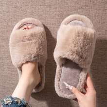 Dép lê nữ mùa thu/đông lông xù, kiểu dáng slouchy màu trơn lông thỏ nhân tạo, một quai, mềm mại thoải mái, đa năng, ấm áp, hở mũi, đế cao su chống trượt - Lạc đà - Xem 7