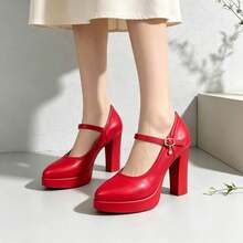 Geeyea Vintage High-Heel Mary Jane Shoes For Women,Round-Toe Block-Heel Slip-On Shoes With An Ankle Strap Buckle,Shoes For Women Heels - 紅色 - 查看 2