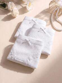 3pcs White Lace Patchwork Bow Ribbed Cotton Women's Triangle Panties - White - View 4