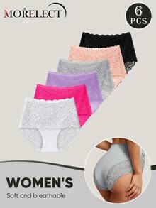 Morelect 6 chiếc quần lót nữ cạp vừa cao, phối ren, họa tiết jacquard, mềm mại & thoáng khí - Nhiều màu - Xem 5