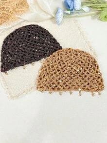 1件波希米亞風鏤空亮片針織毛帽，附星星吊飾，多色度假/街頭風時尚頭飾 - 彩色 - 查看 2