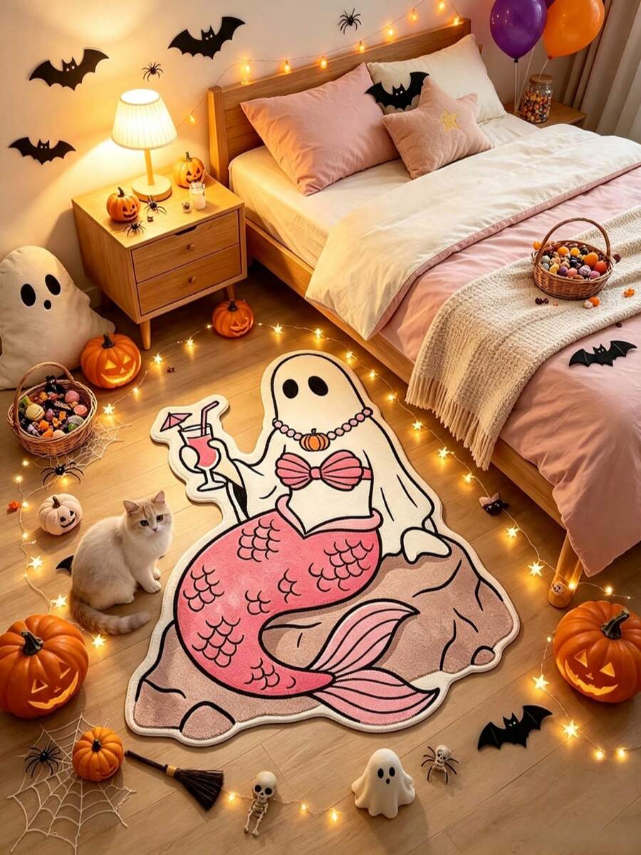 1pc Halloween Ghost Mermaid Alien Doormat, Decorative Rug, Floor Mat, Carpet, Living Room Rug, Bedroom Rug, Halloween Carpet - Multicolor - View 1