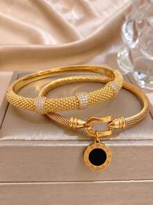 2Pcs Gold‑Plated Stainless‑Steel Horseshoe Buckle Zirconia Bangle & Roman Charm Twisted Cable Bracelet Set For Women - Gold - View 5