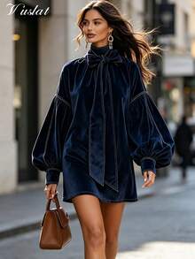 Vuslat Women's Autumn French Style Navy Blue Velvet Lantern Sleeve Large Bowknot Short Dress, Suitable For Evening Party, Commute, Office - Navy Blue - View 2