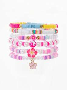 6pcs/Set Multi-Color Sweet Cute Soft Clay Resin Faux Pearl CCB Beads Shell Starfish Turtle Ocean Elements Evil Eye Flower Pentagram Bracelet Set, Suitable For Women Daily Wear And Gift - Multicolor - View 5