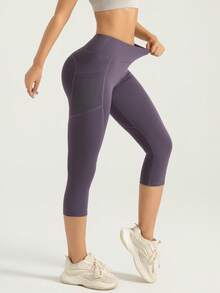 Women's Purple Shorts With Pockets, Tummy Control Stretchy For Yoga Pilates Dance Outdoor Spring Summer Fall Wear Sports - Purple - View 5