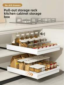 1PC Stainless Steel Pull-Out Organizer, Cabinet Draw And Pull Rack, Carbon Steel Storage And Pull Basket For Kitchen, Layered Seasoning Rack, Dish Tray Under Sink Drawer Storage Box, Kitchen Supplies - View 5