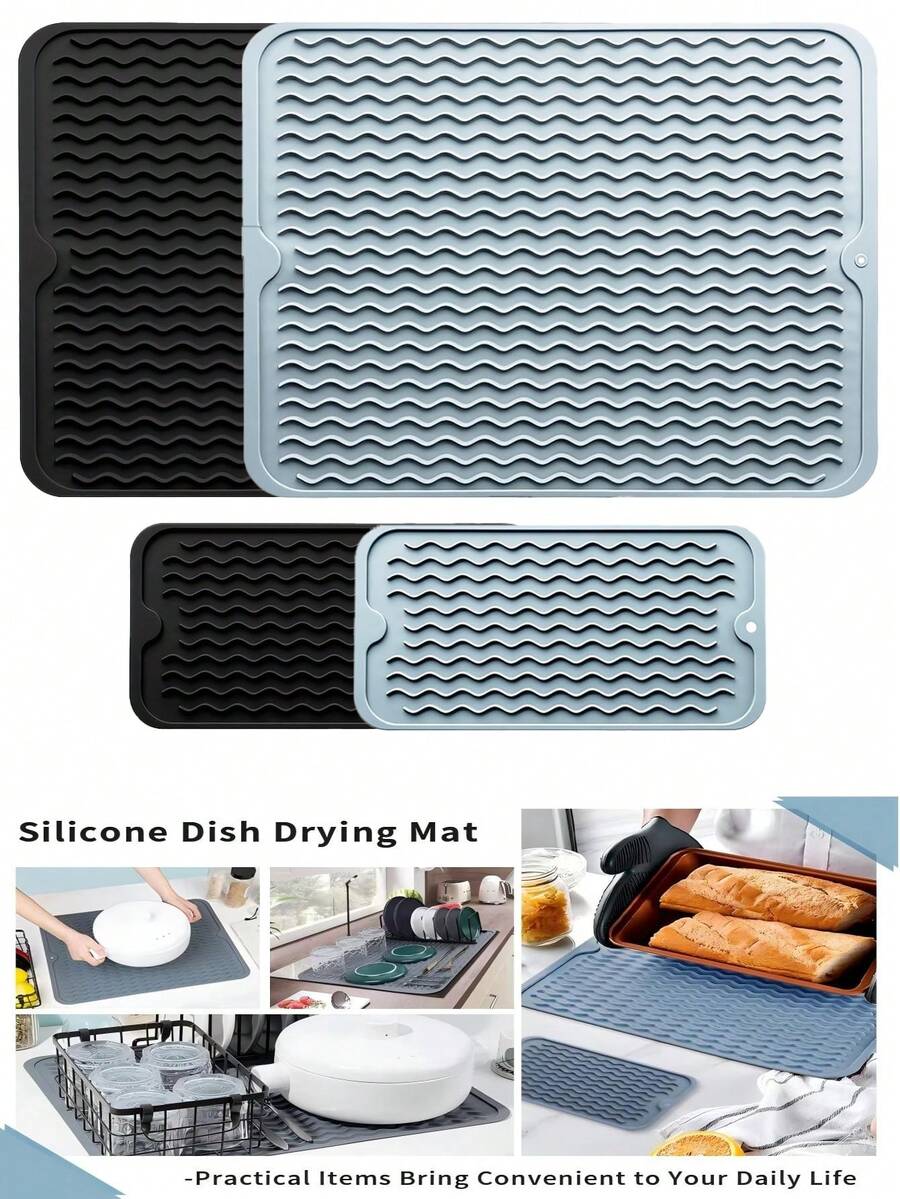 1pc/2pcs Non-Slip Silicone Dish Drying Mat, Kitchen Countertop Drainage Mat, Heat-Resistant Silicone Mat Suitable For Kitchen Countertop Or Sink, Refrigerator Or Drawer Liner, Dishwasher , Easy To Clean