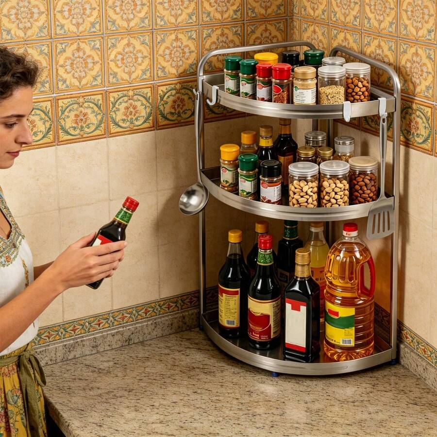 SanBouSi 3-Tier Kitchen Corner Shelf Spice Rack Organizer Seasoning Spice Organizer - Silver - View 1