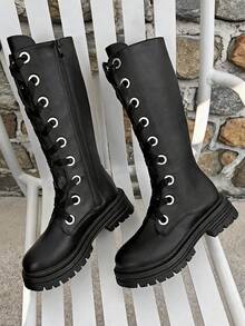 Women's Casual Fashion Boots, Black Knee-High, Non-Slip Low Heel Wide Shaft, Suitable For Daily Outdoor Activities, Autumn/Winter - Black - View 1
