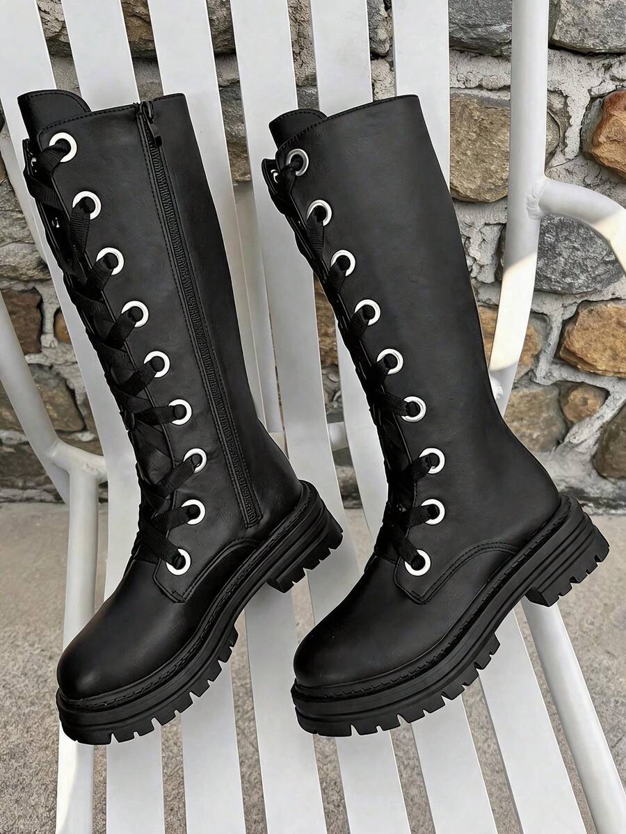 Women's Casual Fashion Boots, Black Knee-High, Non-Slip Low Heel Wide Shaft, Suitable For Daily Outdoor Activities, Autumn/Winter - Black - View 1