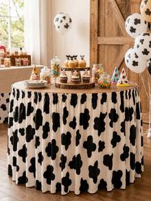 Black And White Cow Print Ruched Table Skirt, Western Cowboy Farm Animal Theme Buffet Table Cover, Suitable For Rodeo Birthday Party, Baby Shower, Wedding Reception, Dessert Table And Country Barn Event Decoration - Multicolor - View 5