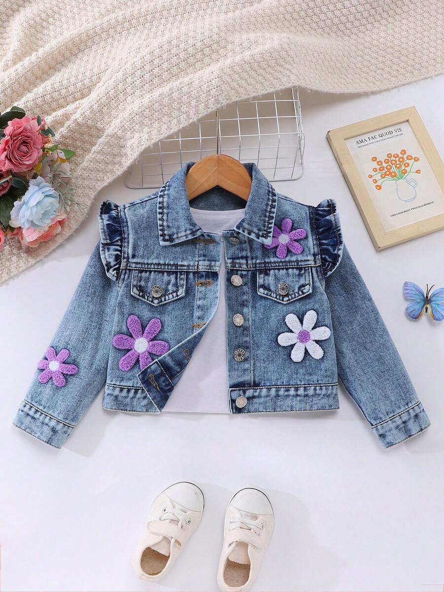 Girls' Denim Jacket/Cardigan, Autumn/Winter New Arrival, Sweet & Cute 3D Floral Embroidery, Light Blue Washed Denim Color, Ruffle Shoulder & Flutter Sleeve Design, Premium Cotton Denim Fabric, Versatile For Daily Wear With Dresses And T-Shirts, Suitable For Spring/Autumn Daily Outings, School And Gatherings - Light Wash - View 1
