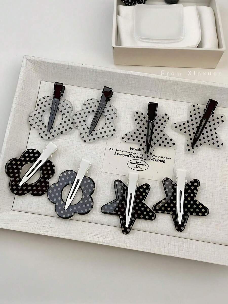 Black And White Polka Dot, Star, Flower, Seamless Hairpin, Side Clip. Suitable For Women's Daily Makeup Wear. - Multicolor - View 1