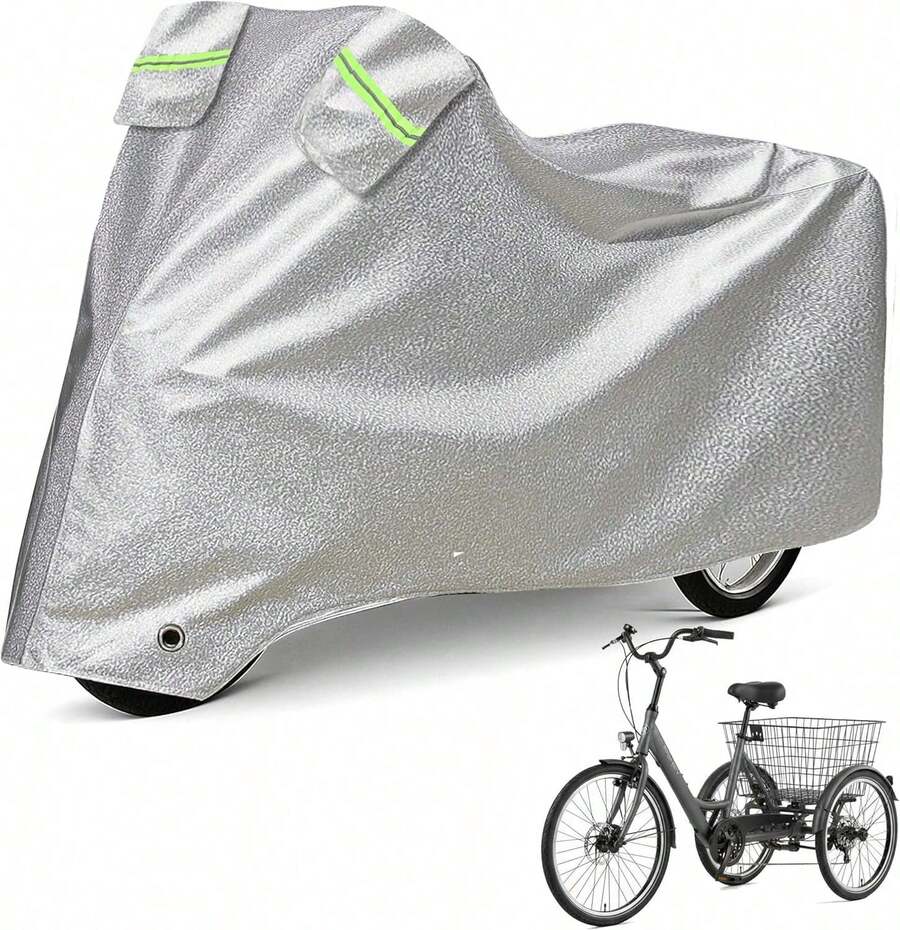 Funda para Triciclo de Adultos, Impermeable, para Bicicletas Reclinadas de Exterior, Duradera, Anti-UV, para 1-2 Bicicletas, con Orificios para Candado, Hebilla Antiviento, Resistente al Polvo y a la Intemperie, Lona para Triciclo Eléctrico - Plateado - Ver 1