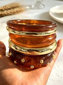 5 piezas/1 pieza Conjunto de brazalete de acrílico con remaches color ámbar y brazalete CCB elegante y casual vintage para mujer, adecuado para uso diario, fiestas, vacaciones, regalo festivo - Multicolor - Ver 2