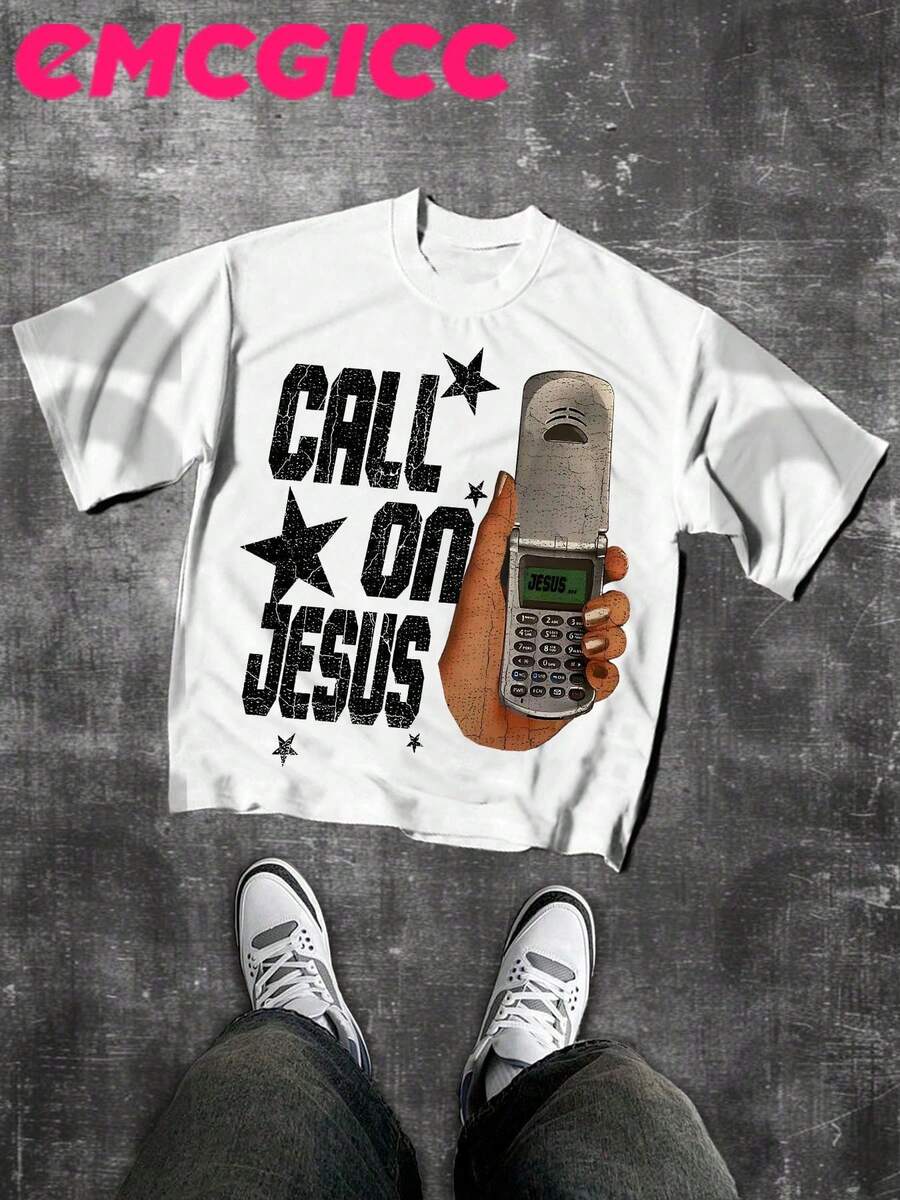 EMCGICC Jesus Shirt,CALL ON JESUS,Y2k Graphic T-Shirt Men's Summer Short Sleeved Cotton Casual Outdoor Street,God Shirts,Surprise Gift,Graphic Tees Men - 白色 - 查看 1