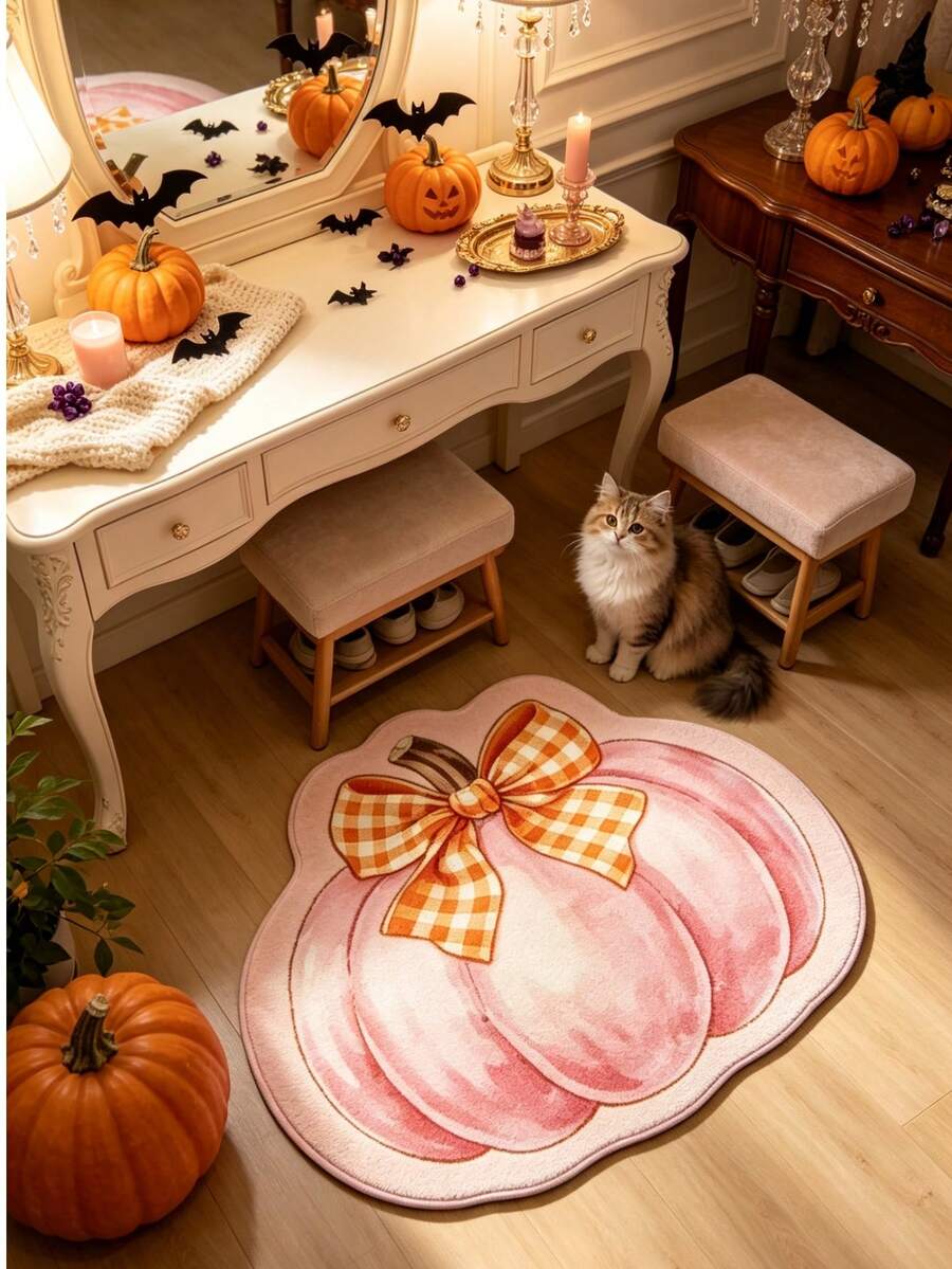 1 pieza Alfombra decorativa con lazo de calabaza rosa, decoración de dormitorio, alfombra pequeña, alfombra, decoración del hogar, alfombra de sala de estar, alfombra pequeña de sala de estar, alfombra de dormitorio, decoración del hogar de sala de estar, alfombra de exterior, alfombra lavable, regalo de graduación - Multicolor - Ver 1