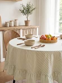 1pc Light Blue Green White Fine Striped Round Tablecloth, Fresh Natural Style Fabric Material, Round Ruffle Trim Pleated Detail Decoration, Beautification Function, Outdoor Round Tablecloth Suitable For Outdoor Patio And Natural Pastoral Dining Scenes - Green - View 4