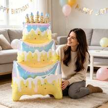 1個 40英吋大型立式彩色三層蛋糕箔氣球，適合婚禮、生日、週年紀念裝飾與節日拍照道具 - 黃色炫彩三層蛋糕 - 查看 1