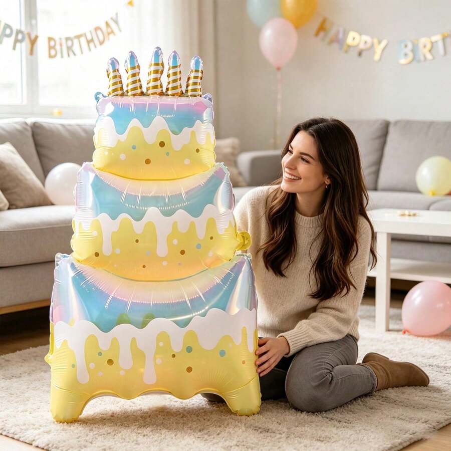 1個 40英吋大型立式彩色三層蛋糕箔氣球,適合婚禮、生日、週年紀念裝飾與節日拍照道具 - 黃色炫彩三層蛋糕 - 查看 1