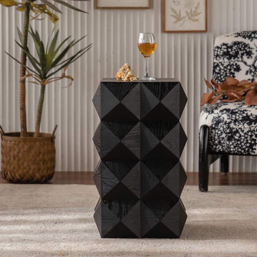 60CM Height Three-Dimensional Embossed Pattern Design Retro Side Table Retro Wooden Nightstand Black,No Assembly Required - 黑色 - 查看 1