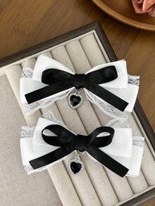 2pcs/Set Women's Heart Rhinestone Pendant Lace Bow Hair Clip, Multicolor Satin Style, Gentle Girly Style, Suitable For Daily Commute, Wedding, Music Festival, Holiday Party, Birthday Party, Shopping, Travel, Photo Commemoration, Any Occasion, Gift For Best Friend,Claw Clips - Multicolor - View 21