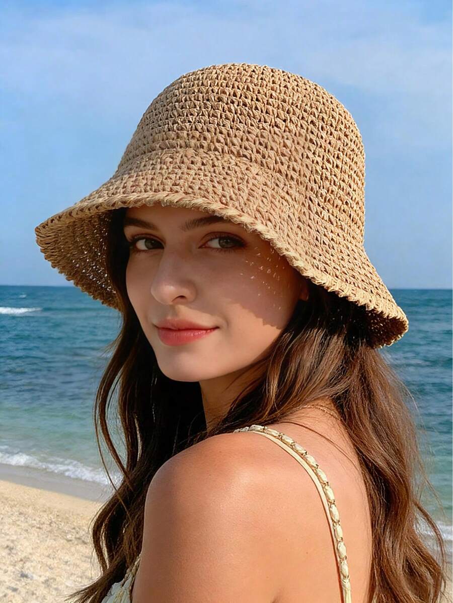 Unisex Straw Bucket Hat, Wide Brim Sun Hat For Summer, Handmade Crochet Beach Hat, Breathable Travel Hat, Suitable For Outdoor, Vacation, Daily Wear - A - View 1