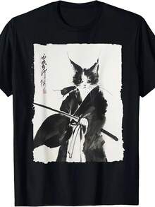 Samurai-Katzen-T-Shirt: Retro-Ukiyo-E-Samurai-Kunstwerk mit einer Katze - Schwarz - Übersicht 2