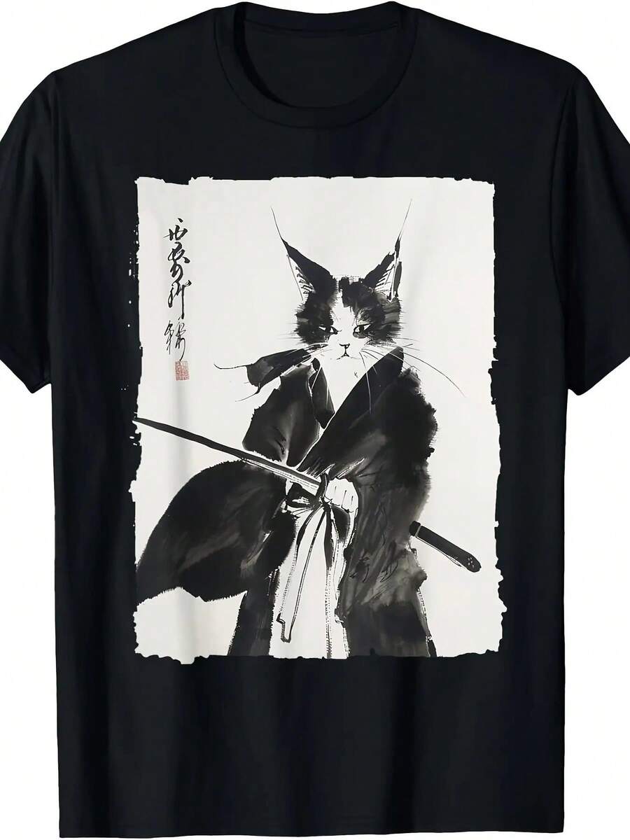Samurai-Katzen-T-Shirt: Retro-Ukiyo-E-Samurai-Kunstwerk mit einer Katze