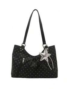 Nicekee Contrasting Polka Dot Pleated Tote Bag, Paired With Star Hanging Decorations, Large Capacity Casual Versatile Shoulder Bag, Suitable Commuting - Multicolor - View 7