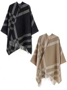 1pc Men's Vintage British Plaid Fringe Shawl Coat, Thickened Warm Front Open Cape Style Knitted Cardigan Shawl - Multicolor - View 1