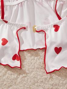 2pcs Women's Backless Cute Sexy Heart Print Ruffle Bow Decor Camisole Top + Shorts Loungewear Soft Pajama Romantic Sleepwear Set - Red and White - View 10