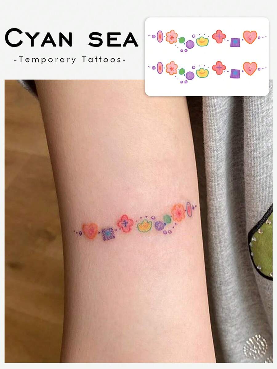 1pc Colorful Heart Flower Geometric Bracelet Pattern Temporary Tattoo Sticker, Realistic Fake Tattoo Design, Suitable For Daily, Bachelorette Party Favors, Music Festivals, Games, Graduation Gifts, Lasts 3‑5 Days - Multicolor - View 1