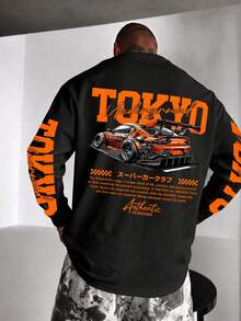 Men's Drop Shoulder Long Sleeve T-Shirt, Vintage Racing Car Graphic Print, Loose Casual Streetwear Top - Black - View 2