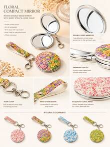 1pc Floral Portable Double-Sided Folding Makeup Mirror, Daily Makeup Mirror With Lanyard Keychain, Mini Pocket Mirror, Multi-Color Compact Mirror For Commuting, Business Trip, Travel, Anti-Drop Shell Magnifying Mirror, Can Be Hung On Bag - Multicolor - View 5