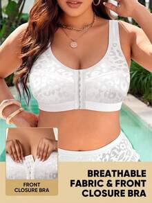 MEIYATING 1pc Plus Size Women's Front Closure Wireless Sports Bra, Supportive Push-Up Back-Flattering Leopard Print Bra, Breathable Comfortable Everyday Wear - White - View 6