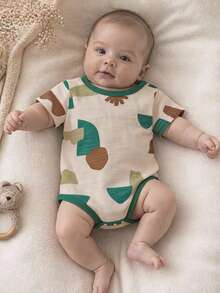 Infant Geometric Print Short Sleeve, Breathable Bamboo Fiber Baby , Summer Newborn Triangle Bodysuit - Apricot - View 1