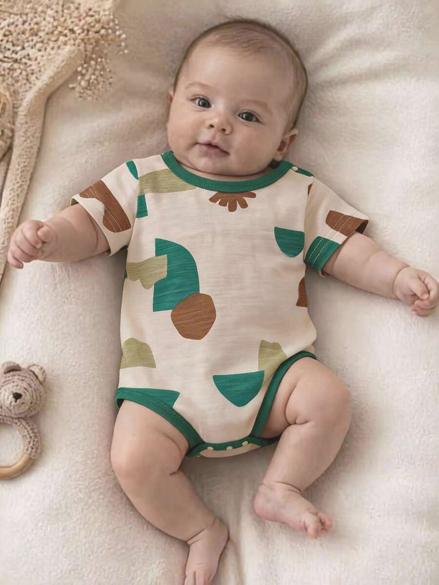 Infant Geometric Print Short Sleeve, Breathable Bamboo Fiber Baby , Summer Newborn Triangle Bodysuit - Apricot - View 1