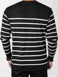 Men's Striped Crew Neck Long Sleeve T-Shirt, Vintage Collegiate Style Casual Pullover - Black - View 4