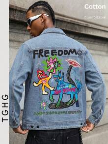Light Blue Denim Jacket With Direct Print, Cartoon Pattern And "FREEDOM" Slogan On Back, Classic Collar Long Sleeve, Y2K Style - Light Denim Blue - View 1