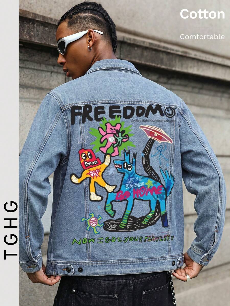 Light Blue Denim Jacket With Direct Print, Cartoon Pattern And "FREEDOM" Slogan On Back, Classic Collar Long Sleeve, Y2K Style - Light Denim Blue - View 1