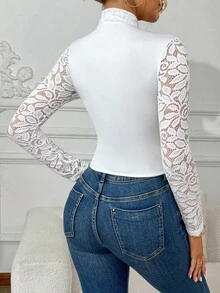 Women's White High Neck Front Zipper Lace Bodysuit, Long Sleeve Slim Fit Shaping Top - White - View 7
