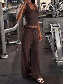 GLAMSKIN Women's Summer/Autumn Basic Solid Color Halter V-Neck 2 Pieces Set Top, Back To School And Brown Elegant - Brown - View 5