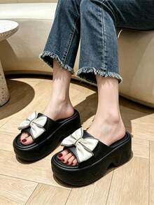 Women's Rhinestone Bow Platform Slide Sandals, EVA Thick Sole Open Toe Slippers, Height-Increasing Sandals, Suitable For Indoor And Outdoor Wear - Style C-black - View 3