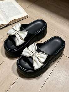 Women's Rhinestone Bow Platform Slide Sandals, EVA Thick Sole Open Toe Slippers, Height-Increasing Sandals, Suitable For Indoor And Outdoor Wear - Style C-black - View 8