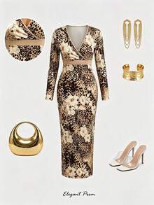 AIJ Women's Elegant Long Knitted Dress With Leopard&Floral Pattern Deep V Neck Long Sleeves Split Hem For Fall Wedding Guest Party Going Out Vacation - Brown - View 3